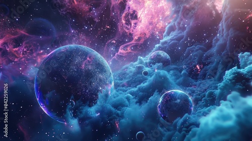 The image is showing two planets in the outer space. The planets are blue and pink and have a glowing effect. The background is filled with colorful stardust. photo