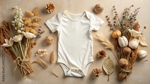 Above flatlay view white blank baby bodysuit POD mock-up dried flowers stem natural earthy brown taupe beige boho rustic chic theme modern lux print on demand mockup infant toddler clothing background