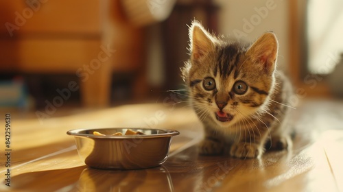 Kitten is eating in a cereal bowl, blur background inside the house. Cat Photography.