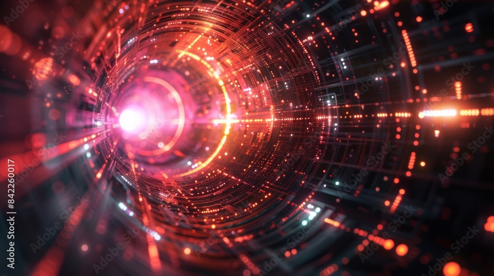 Futuristic Red Digital Tunnel With Lights And Particles Futuristic Red Digital Tunnel With Lights And Particles