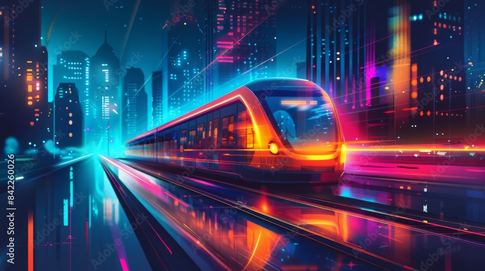 Fototapeta premium High-speed train in a vibrant futuristic city