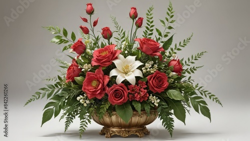 Wallpaper Mural Red roses, white lily, and green leaves in a gold vase Torontodigital.ca