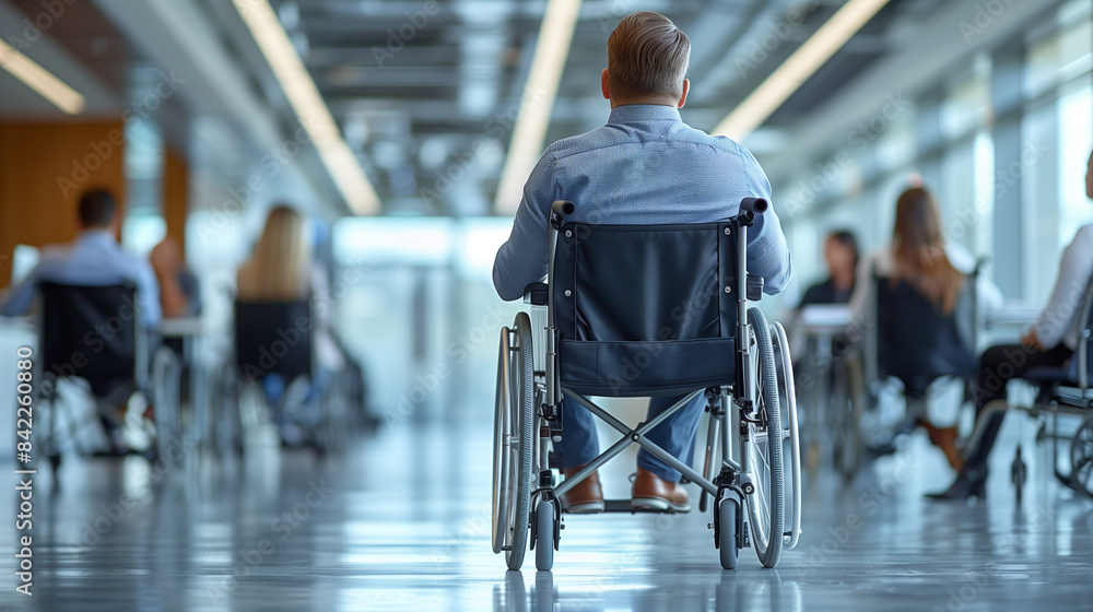Professional Employee in a Wheelchair Attending an Office Meeting, Promoting Inclusivity and Diversity in the Workplace Professional Employee in a Wheelchair Attending an Office Meeting, Promoting Inclusivity and Diversity in the Workplace