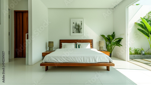 Stylish minimalist bedroom, art design, mock-up