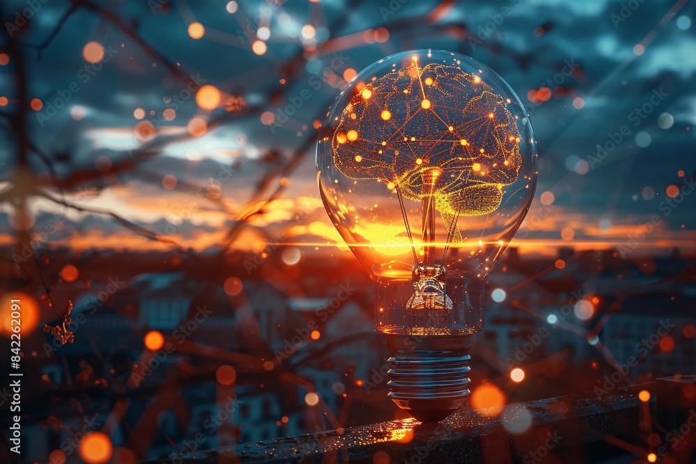 Artistic depiction of a virtual light bulb with a human brain, set against the German flag and a sunset sky, representing the future of technology. Artistic depiction of a virtual light bulb with a human brain, set against the German flag and a sunset sky, representing the future of technology.