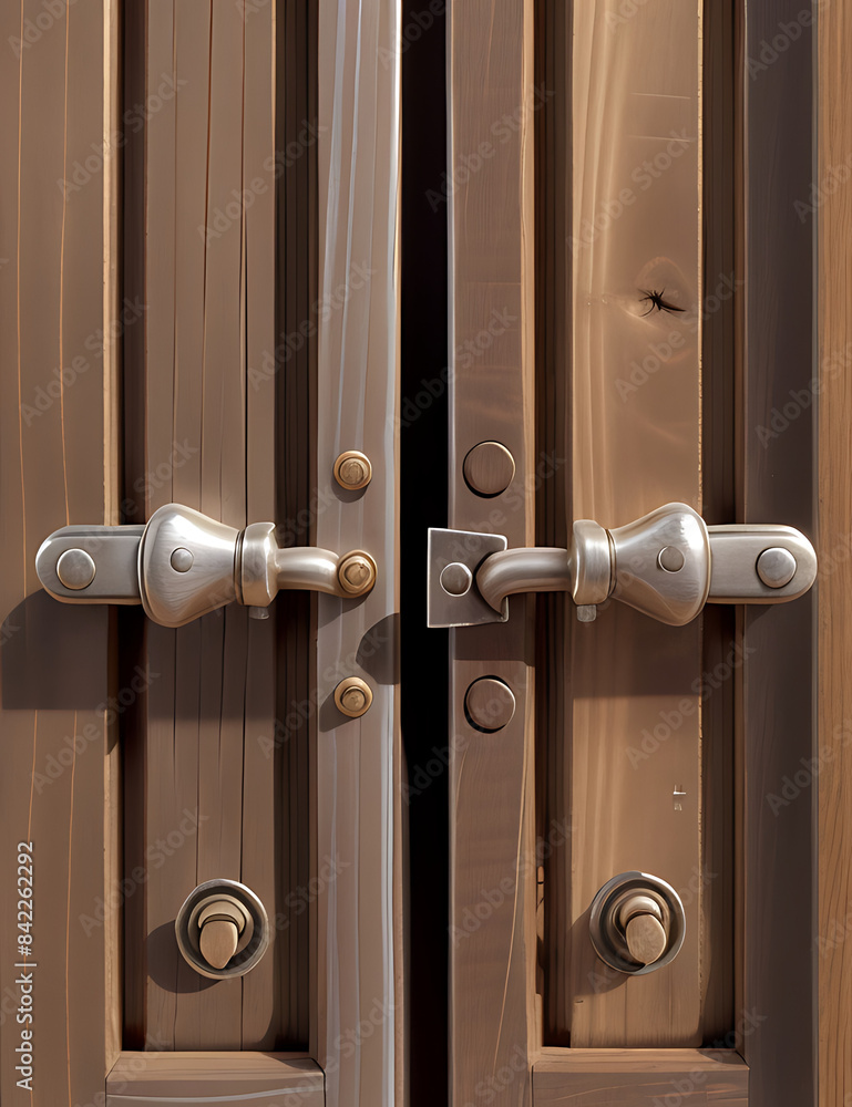Obraz premium A close-up shot of a weathered silver metal door latch on an aged wooden door, shining 