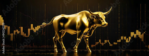 A golden bull in side of stock market chart in gold and black color background with copy space area as wide banner, abstract style, XAU, XAU/USD price
 photo