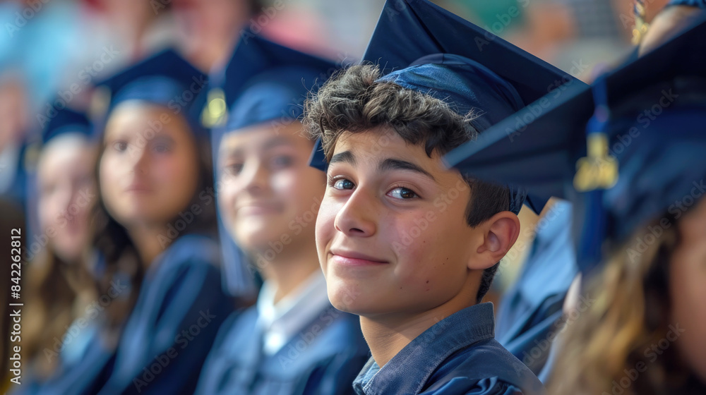 A high school student at a graduation with his cap and gown A high school student at a graduation with his cap and gown