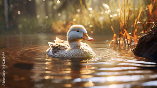 duck floating on pond around colorful nature ai created close up image
