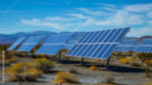 Blur background of solar station panel in the field with blue sky. Clean electrical energy. Ecology. Top view of solar panel absorb sunlight and generate electricity. Technology innovation. Spate.