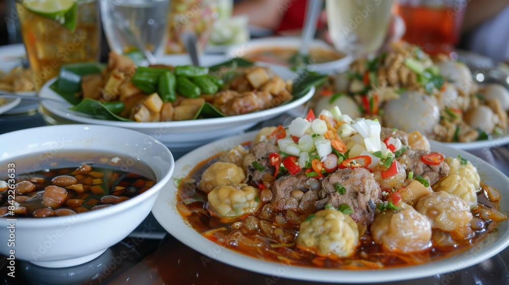 A feast of various dishes displayed on a table in focus A feast of various dishes displayed on a table in focus