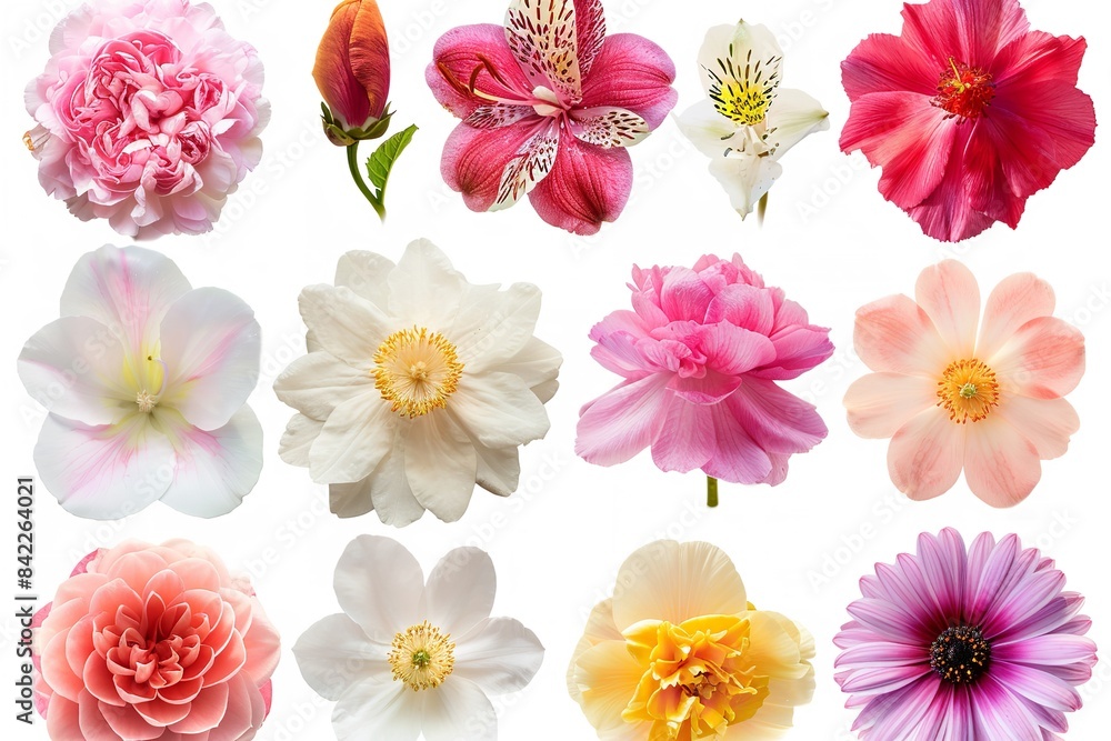 custom made wallpaper toronto digitalA collection of lovely, individual blossoming flowers against a white backdrop. Generative Ai
