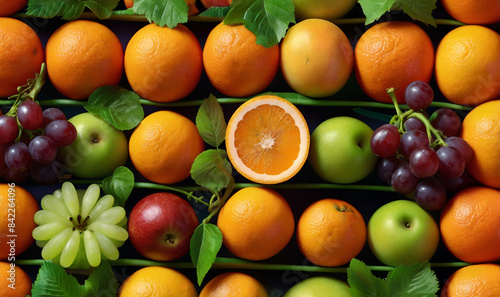 Basket with berries fruits and citrus fruits on a bright background