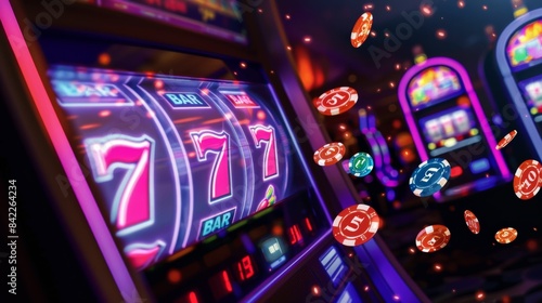 3d render of slot machine with neon glowing number "7" and shiny colorful coins flying around, 