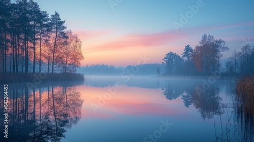 Wallpaper Mural Tranquil dawn at a serene lake with mist softly rising from the calm water. Nature tranquility concept Torontodigital.ca