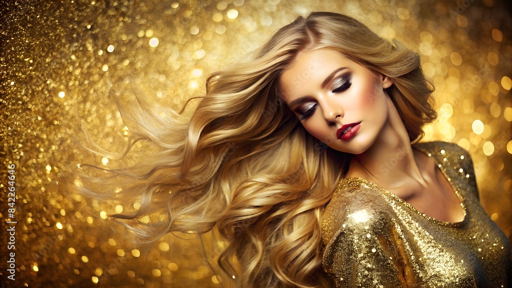 Fictional Blonde Woman in Glittering Dress Against a Shimmering Background - Luxury Advertising Fictional Blonde Woman in Glittering Dress Against a Shimmering Background - Luxury Advertising