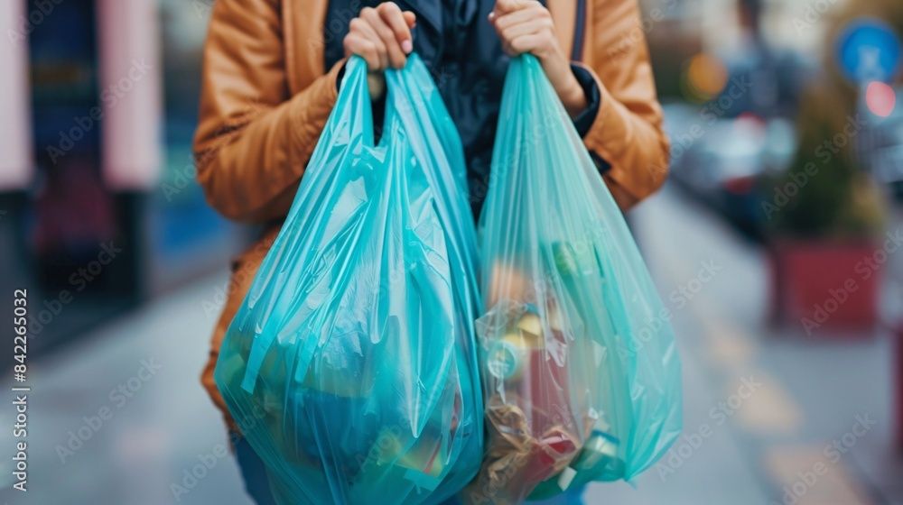 Female placing synthetic trash recycling pouch at salon. Female placing synthetic trash recycling pouch at salon.