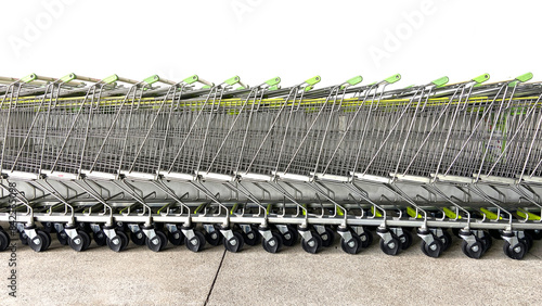 Shopping carts are stacked next to the building.