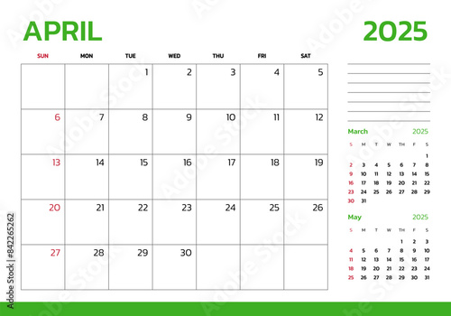 April 2025 Calendar. Week start on Sunday. Desk calendar 2025 design, simple and clean design, Wall calendar for print, digital calendar, Corporate design planner template vector.