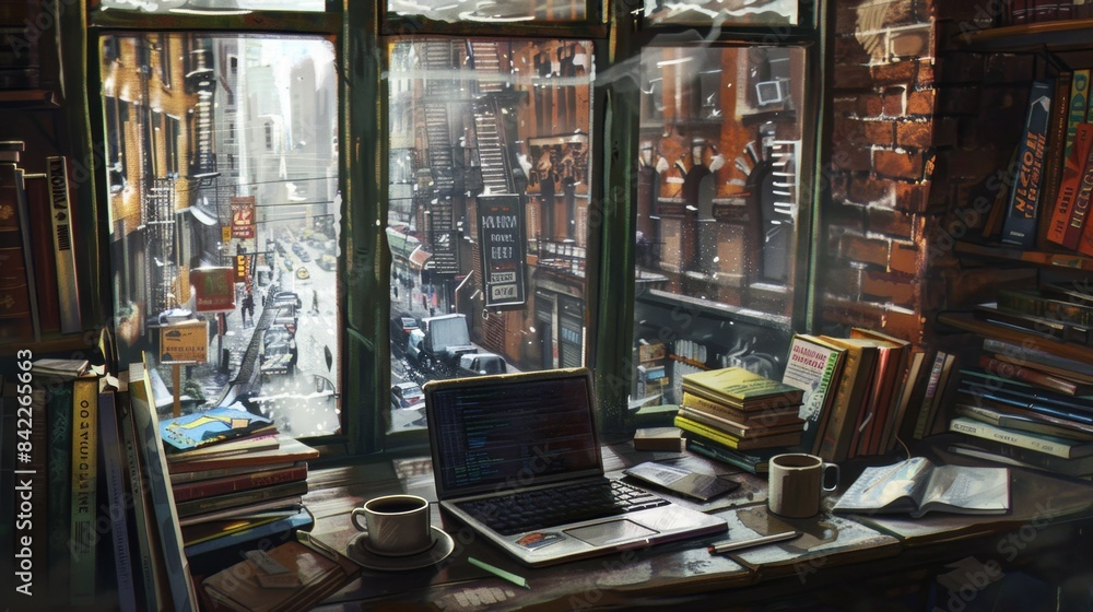 Cozy Workspace with Laptop, Books, and Coffee Mug Overlooking Bustling Street View Cozy Workspace with Laptop, Books, and Coffee Mug Overlooking Bustling Street View