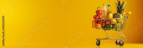 Shiny shopping cart full of food and drinks on yellow background with copy space, photo
