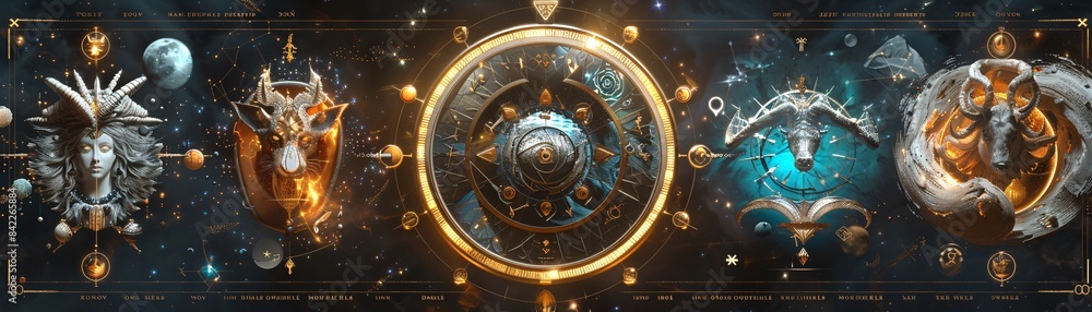 Zodiac signs in a geometric style with a designated text area in an editorial design Zodiac signs in a geometric style with a designated text area in an editorial design