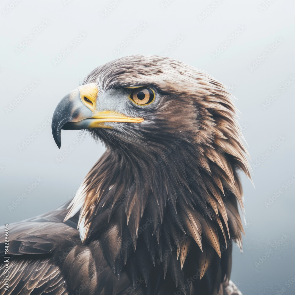 Striking close-up portrait of a golden eagle, showcasing its fierce gaze and detailed plumage against a muted background. Striking close-up portrait of a golden eagle, showcasing its fierce gaze and detailed plumage against a muted background.