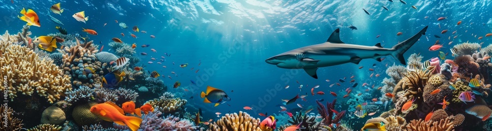 Obraz premium Vibrant coral reef teeming with colorful fish and large sea creatures. Underwater biodiversity concept