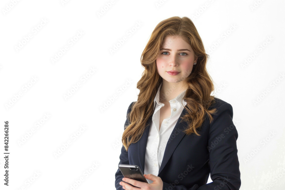 Confident young Caucasian businesswoman in a tailored suit holding a smartphone, representing modern professionalism and connectivity. Confident young Caucasian businesswoman in a tailored suit holding a smartphone, representing modern professionalism and connectivity.