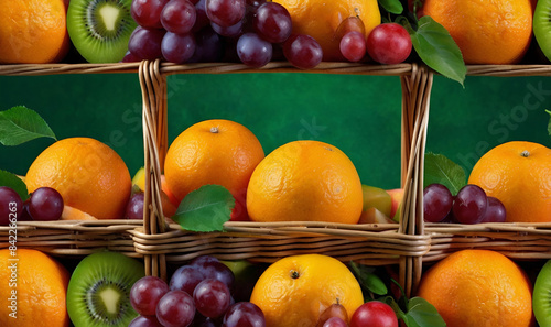 Basket with berries fruits and citrus fruits on a bright background
