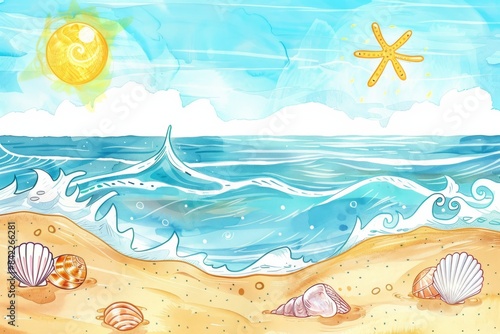 Cartoon cute doodles of a peaceful beach scene with watercolor waves and scribbled seashells, Generative AI