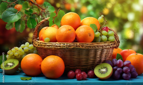 Basket with berries fruits and citrus fruits on a bright background