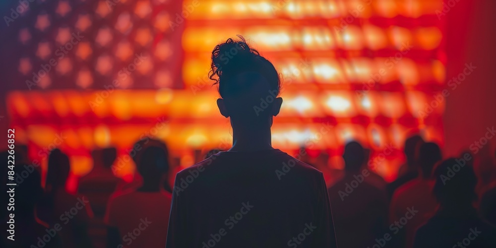 Diverse Group of People Standing Together in Front of a Large American Flag, Symbolizing Unity and Patriotism in a Multicultural Society during a Public Event or Ceremony Diverse Group of People Standing Together in Front of a Large American Flag, Symbolizing Unity and Patriotism in a Multicultural Society during a Public Event or Ceremony