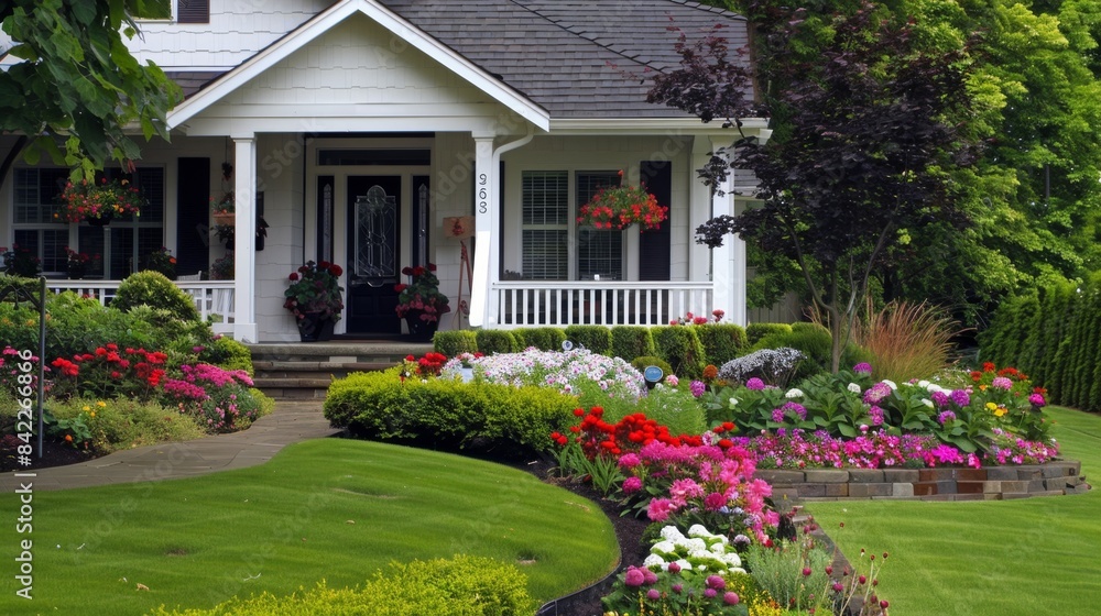 Charming Neighborhood: House Exterior with Manicured Lawn and Vibrant Flowers Charming Neighborhood: House Exterior with Manicured Lawn and Vibrant Flowers