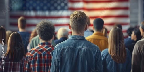 Diverse Group of People Standing Together in Front of a Large American Flag, Symbolizing Unity and Patriotism in a Multicultural Society during a Public Event or Ceremony