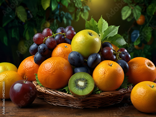 Basket with berries fruits and citrus fruits on a bright background