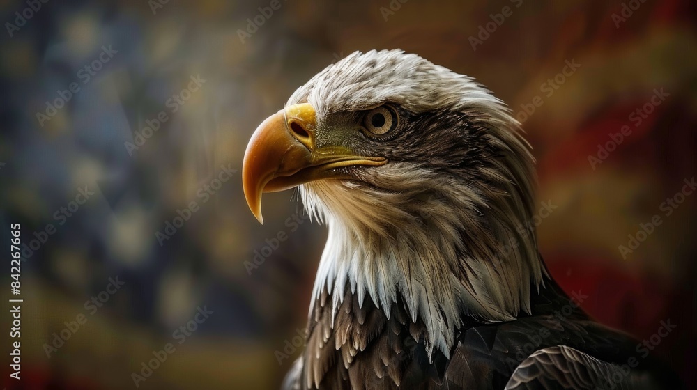 Fototapeta premium Bald eagle and American flag, Symbol of American freedom and patriotism. Celebrate American pride with a majestic eagle and flag.