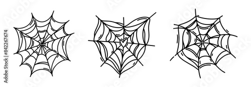 Spider web vector icon set. A thin heart shaped web, a spooky cobweb. Gothic Halloween decoration, scary sticky trap. Black and white outline, hand drawn doodle. Hanging symbol of fear, horror