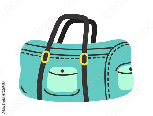 Duffel bag vector icon. Sports backpack for fitness, training. Gym bag with pockets, buttons, buckles, zipper. A fashion accessory for sportswear. Hand drawn cartoon clipart. Isolated on white