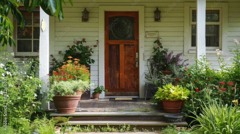 Charming Front Porch Oasis: Plants and Flowers Adorning Welcoming Home Charming Front Porch Oasis: Plants and Flowers Adorning Welcoming Home