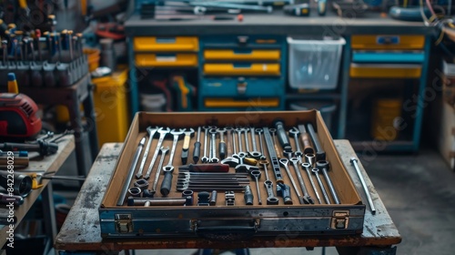 Organized Toolbox on Wooden Table for New Business Space Construction Preparation