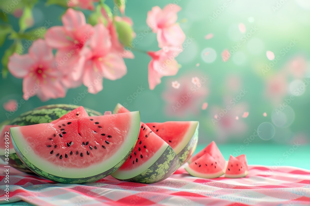 3D rendering of a vibrant picnic scene with slices of icecold watermelon, set against a soft pastel green and pink flora background 3D rendering of a vibrant picnic scene with slices of icecold watermelon, set against a soft pastel green and pink flora background