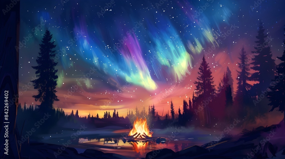 Fototapeta premium Camp fire in wilderness forest night on Aurora borealis, northern lights over bonfire in winter forest background.