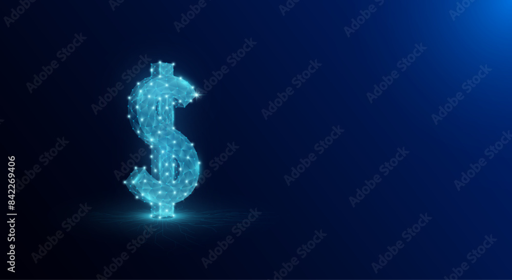 Money dollar shapes polygon on electronic circuit board with copy space for text. Business metaphor. About debt and making unrealistic profits. Investment finance concept. 3D vector.