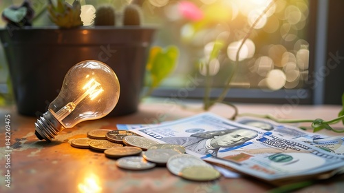 Light bulb on with banknotes coins and energy bill Increase in energy and gas tariffs Efficiency and energy saving : Generative AI photo