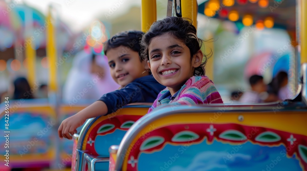 Diverse group of children enjoying carnival rides and activities. Family fun at the Haram Festival.