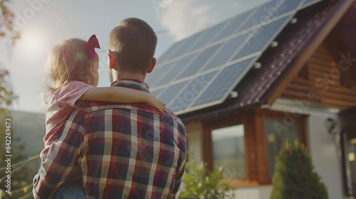 Rear view of dad holding her little girl in arms and showing at their house with installed solar panels Alternative energy saving resources and sustainable lifestyle concept : Generative AI