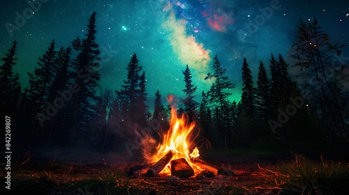 Camp fire in wilderness forest night on Aurora borealis, northern lights over bonfire in winter forest background.