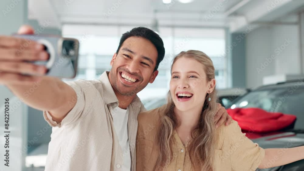 Couple, happy and selfie with new car at dealership for investment, finance or transport vehicle warranty goals. Smile, man and woman together celebrate purchase of automobile with insurance security Couple, happy and selfie with new car at dealership for investment, finance or transport vehicle warranty goals. Smile, man and woman together celebrate purchase of automobile with insurance security
