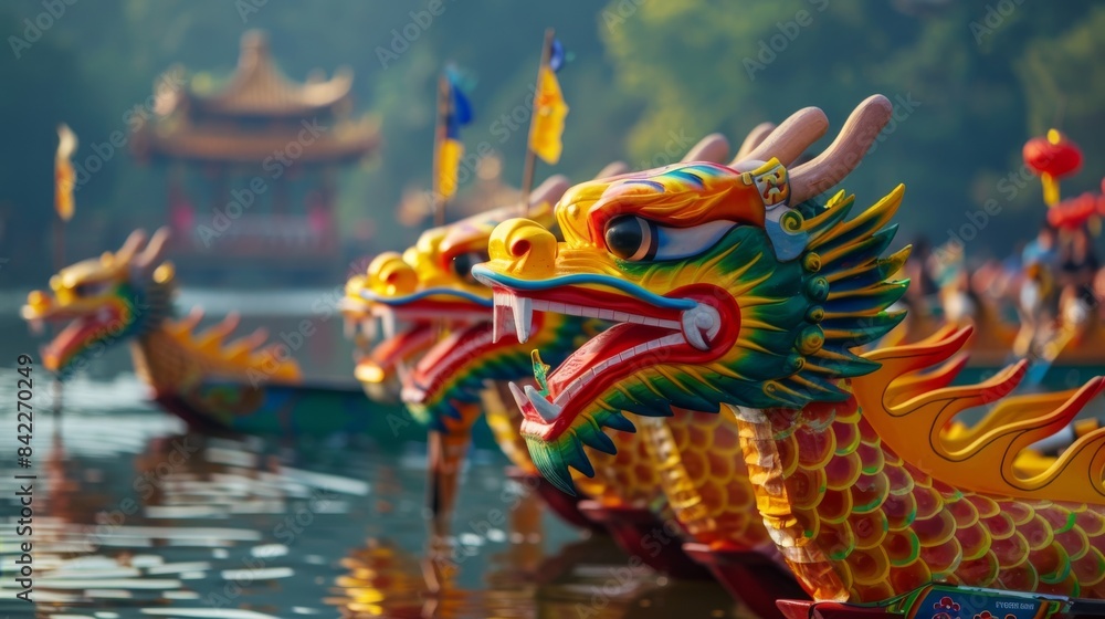 Fototapeta premium Energetic Dragon Boat Festival celebration with vibrant atmosphere. Lively festival scene showcasing teamwork and dedication.